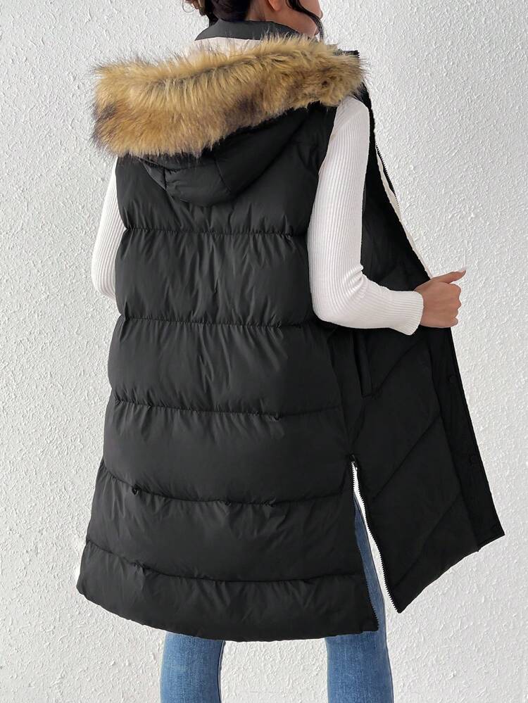 Padded Coat With Hooded And Fuzzy Details On The Side Pockets Winter Black Casual