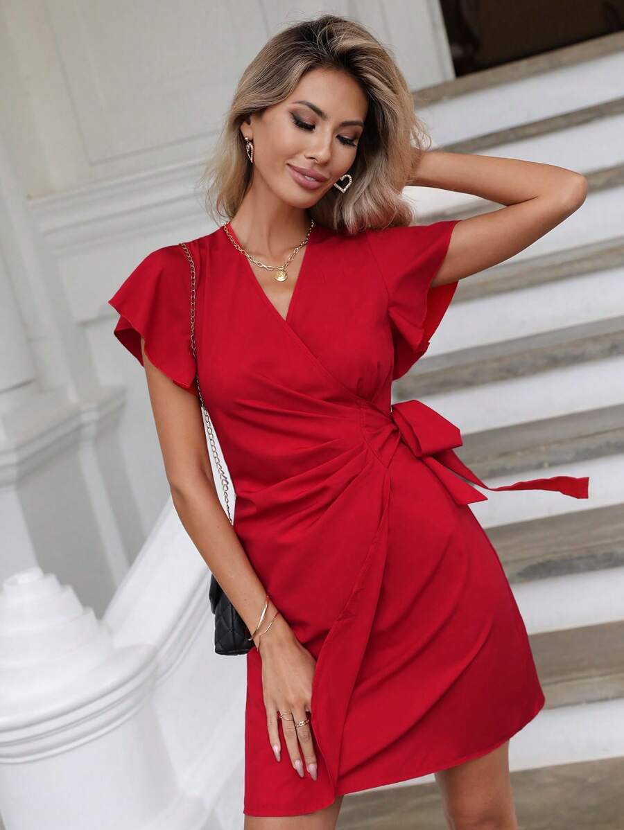 SHEIN Clasi Rękaw z falbanką  Wiązanie z boku Sukienka kopertowa