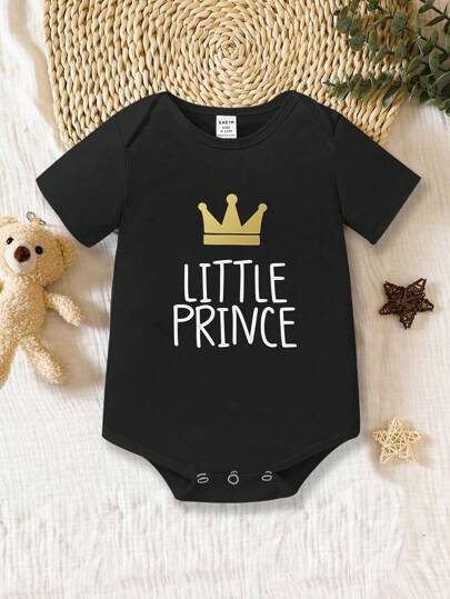 SHEIN Playful Pals 1pc Baby Boy's Letter Print Short Sleeve Bodysuit