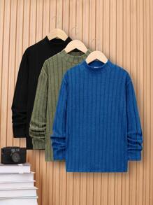 SHEIN 3pcs/Set Tween Boys' Casual Solid Color Half-High Neckline T-Shirt(Top) In Three Colors - Royal Blue - View 1