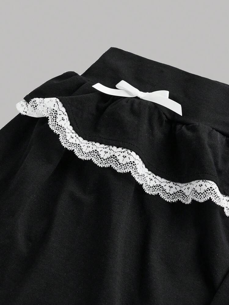 Teen Girls' Knitted Solid Color Spliced Lace Bow Knot Tank Top & Skirt Set