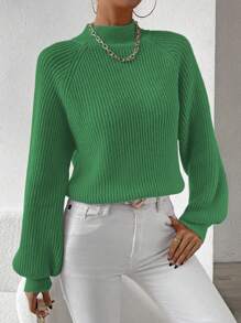 SHEIN Essnce Của phụ nữ Đứng cổ áo Raglan Tay áo dài Áo len Áo chui đầu - màu xanh lá - Xem 5