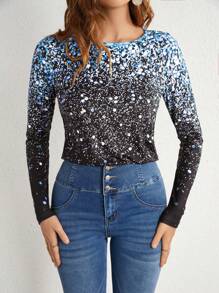 SHEIN LUNE Ladies' Printed Long Sleeve T-Shirt - Blue - View 3