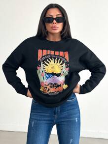 EURMUSE Felpa Da Donna Con Stampa Di Cactus E Lettere Con Spalle Scese E Grafica Del Sole - nero - Visualizzare 1