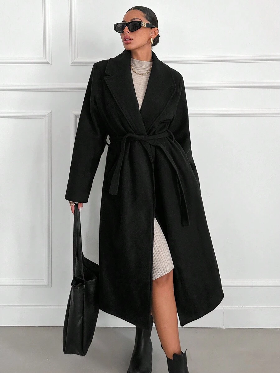 EURMUSE Lapel Collar Belted Wrap Coat