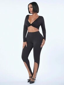 SHEIN SXY Women'S Cropped Twist Front Top And Capri Leggings Two Piece Set