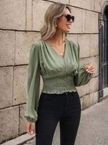 SHEIN Clasi 女性v領提花袖包身衬衫 - 綠色 - 查看 5