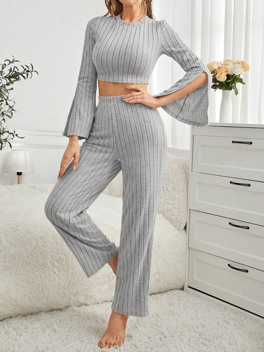Quý cô màu trơn Đồ đan Ribbed Trang phục mặc nhà Bộ - Màu xám đen - Xem 1