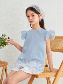 SHEIN Chemise À Rayures À Manches Courtes À Volants Décontractée À Encolure Ronde Pour Filles Pré-adolescentes - Multicolore - Voir 4