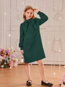 SHEIN 女孩蝴蝶結裝飾立領羈扣 A 字長袖連身裙 - 綠色 - 查看 11