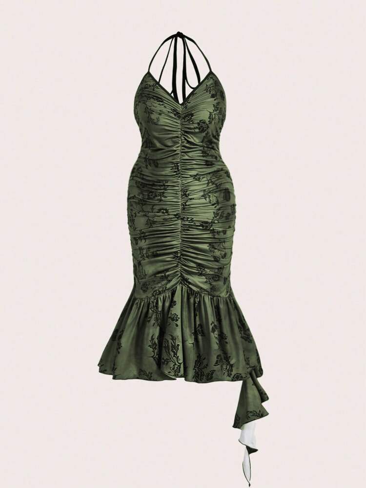 Plus Size Floral Print Ruffled Hem Cami Dress With Pleats