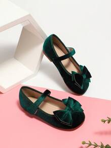 女孩復古絲絨蝴蝶結公主平底鞋方頭適合學生演出 - 綠色 - 查看 3