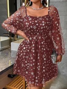 SHEIN Unity Plus Size Snowflake Printed Mesh Dress Fall Cloth For Women - Burgundy - View 4