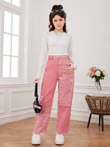 Teen Girls Y2k Streetwear Style Pink Print Face & Contrast Color Patchwork Distressed Straight Leg Jeans With Fringed Hem - Pink - View 3