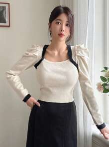 Dazy Designer 女士拼色泡泡袖毛衣、荷叶边、秋装 - 米色 - 查看 8