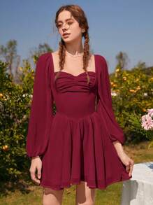 SHEIN MOD Pleated Bust Lantern Sleeve Red Date Night Dress - Burgundy - View 5
