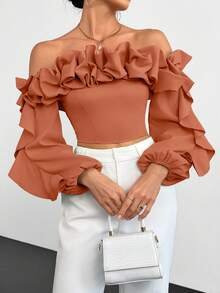 SHEIN Privé 露肩荷葉邊褶皺襯衫配燈籠袖 - 珊瑚橙 - 查看 4
