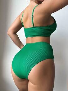 SHEIN Swim 夏季纯色扭纹比基尼套装 - 綠色 - 查看 2