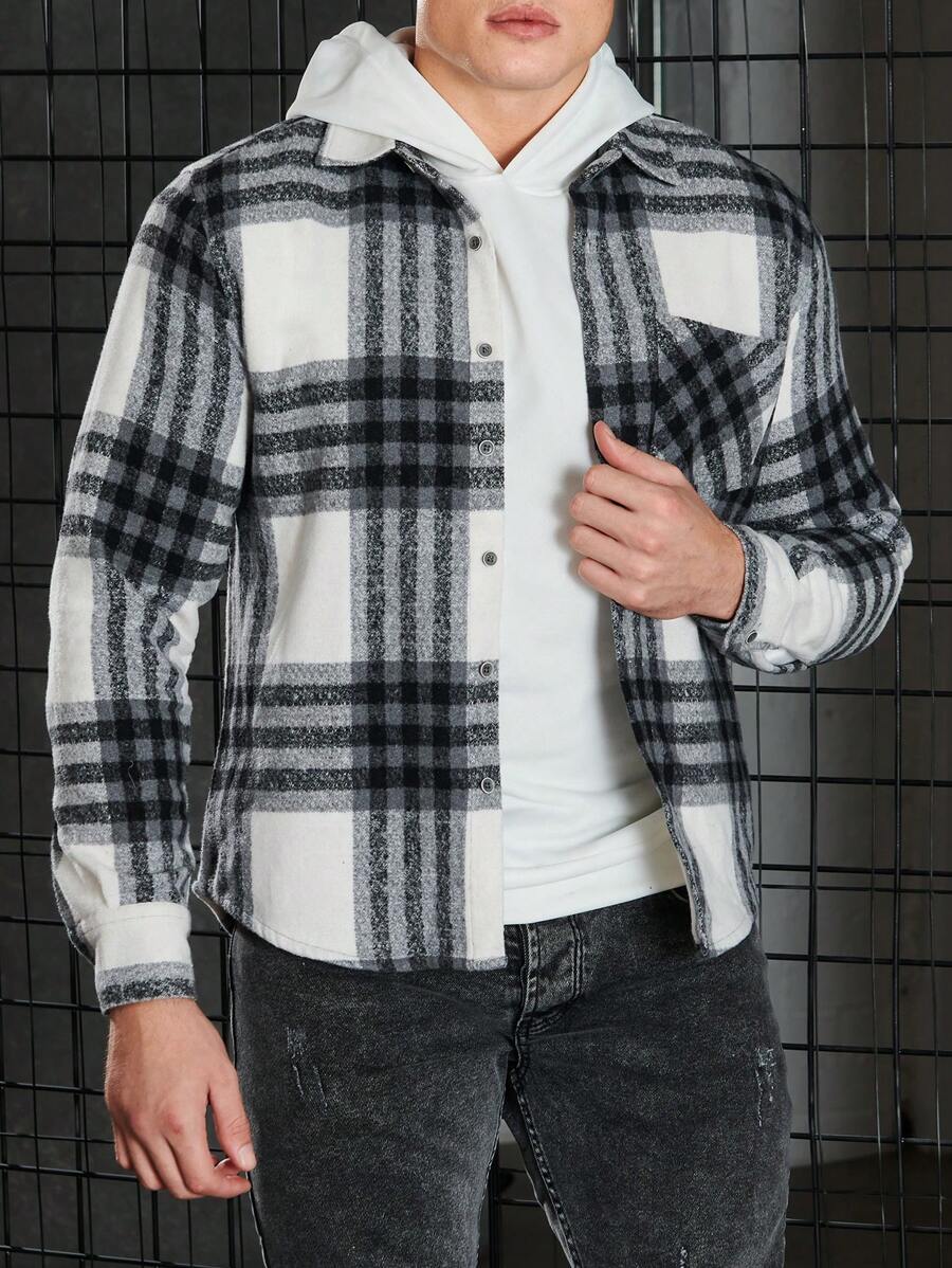 RueChic Men'S Plaid Patchwork Jacket With Pockets - Grey - View 1