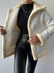 EURMUSE Teddy Lined Snap Button Coat - White - View 1