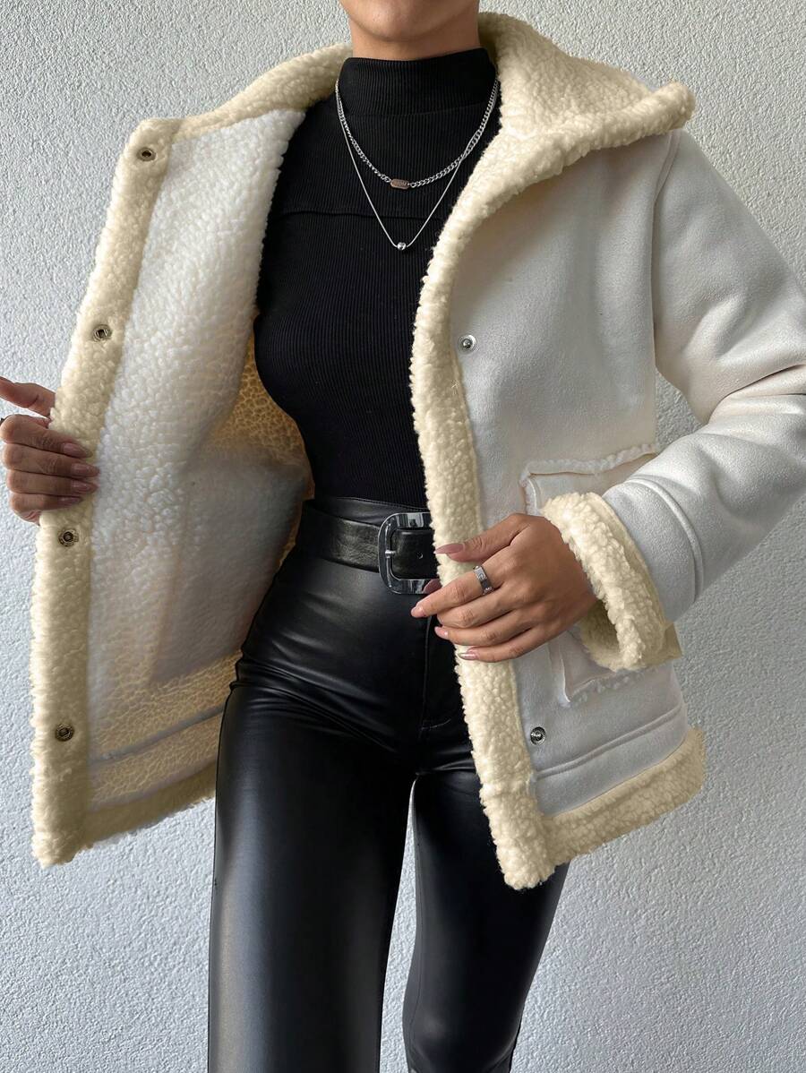 EURMUSE Teddy Lined Snap Button Coat - White - View 1