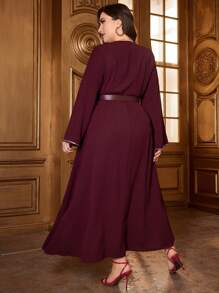 Modelyn Burgundy Red Plus Size V-Neck Long Sleeve Dress With Rhinestone Decoration