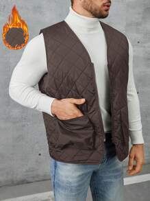 Manfinity 男式宽松绗缝背心加厚外套，拉链开合，保暖 - 棕色 - 查看 1