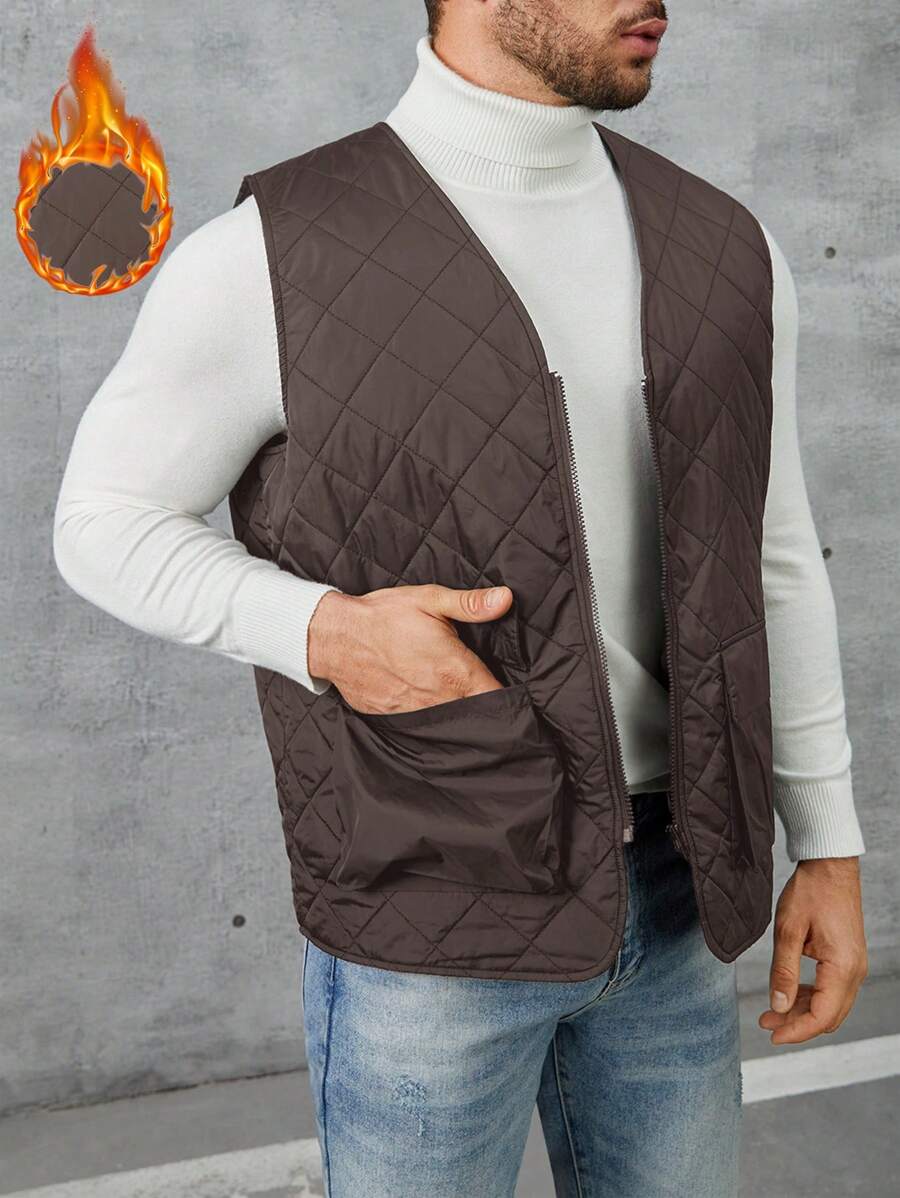 Manfinity 男式宽松绗缝背心加厚外套，拉链开合，保暖 - 棕色 - 查看 1