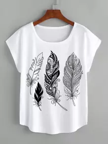 SHEIN LUNE 羽毛印花蝙蝠翼袖 T 卹 - 黑色 - 查看 1