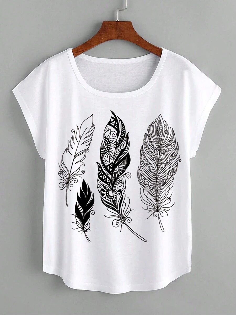 SHEIN LUNE 羽毛印花蝙蝠翼袖 T 卹 - 黑色 - 查看 1