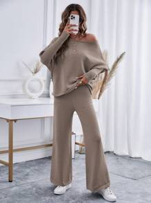 SHEIN Essnce 2入組純色毛衣套裝 - 深灰色 - 查看 6