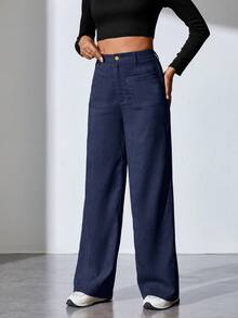 SHEIN Tall 女士純色直筒褲 - 藏蓝色 - 查看 6