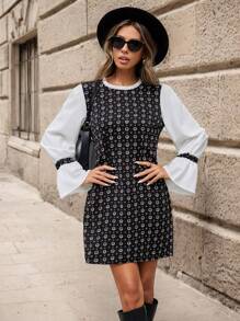 SHEIN Clasi Vestido Con Mangas Acampanadas Y Patrón Geométrico De Colores Contrastantes - Multicolor - Ver 1