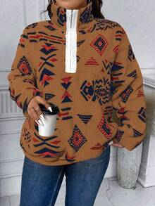 Calvaya Kích thước lớn Họa tiết Hình học Có khóa kéo Teddy Áo nỉ - Lạc đà - Xem 5