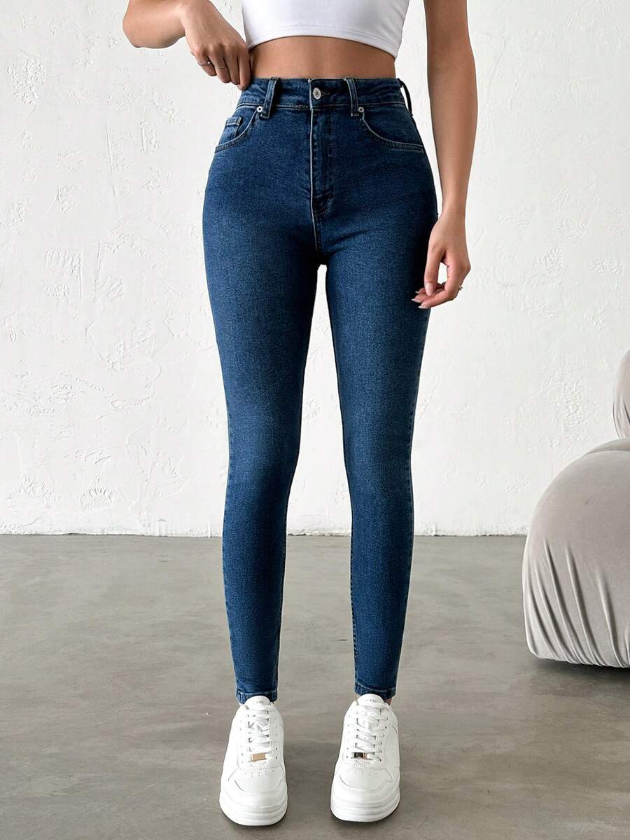SHEIN Cottnline جينز ضيق نسائي - أزرق داكن - مشاهدة 1