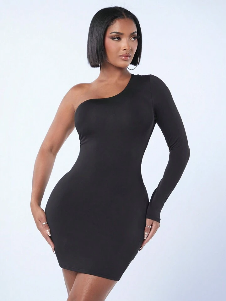 SHEIN SXY 女性のセクシーな黒のワンショルダードレス、背中が