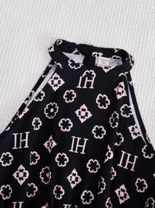 SHEIN Leap Crew Tween 女孩短袖立領西裝外套,可拆式無袖撞色腰帶印花連身褲 2 件/套 - 彩色 - 查看 4