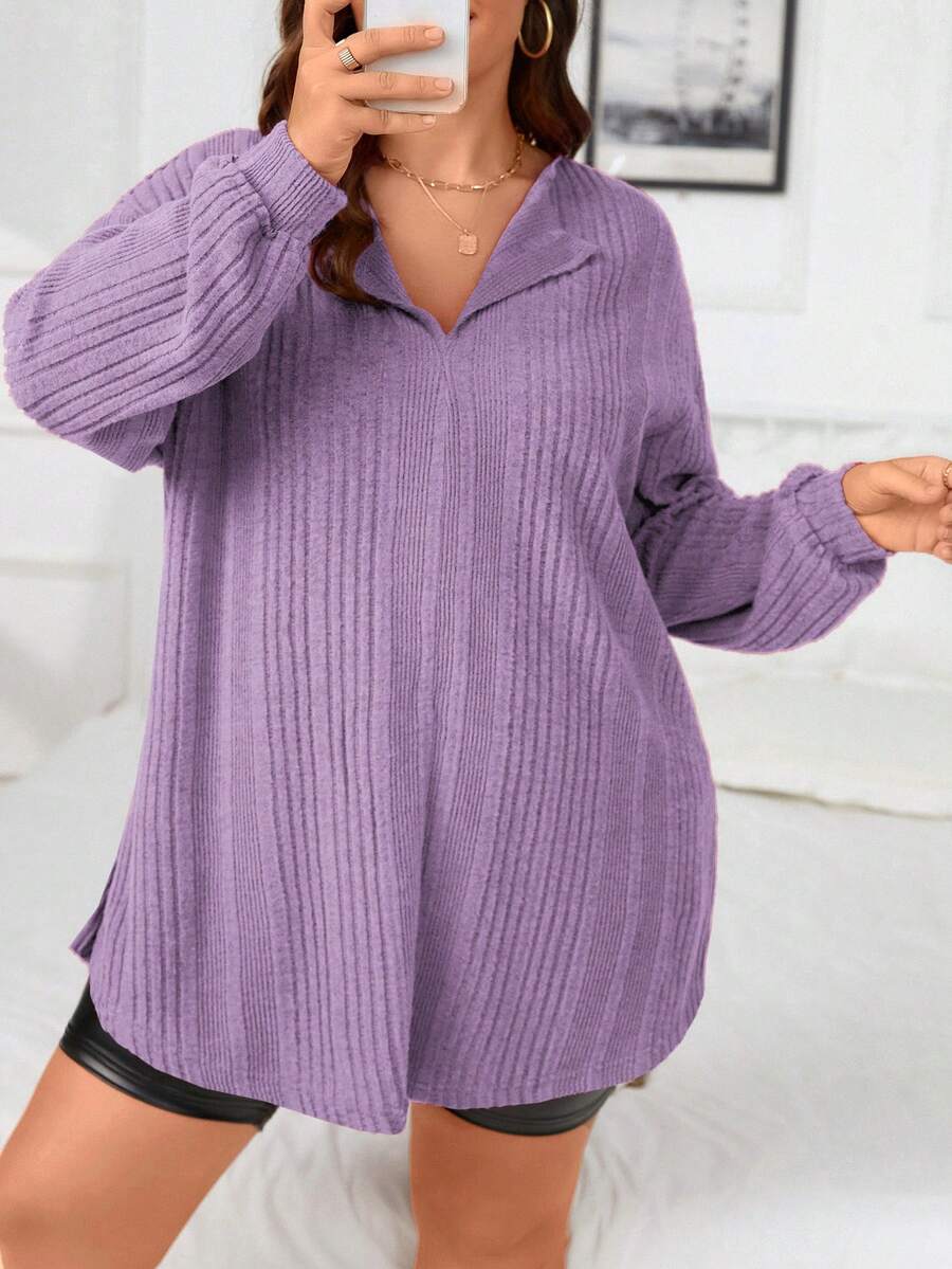 SHEIN Essnce Women'S Plus Size Ribbed Long Sleeve T-Shirt - Mauve Purple - View 1