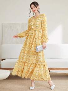 Modelyn Allover Print Ruffle Hem Belted Dress - Yellow - View 1