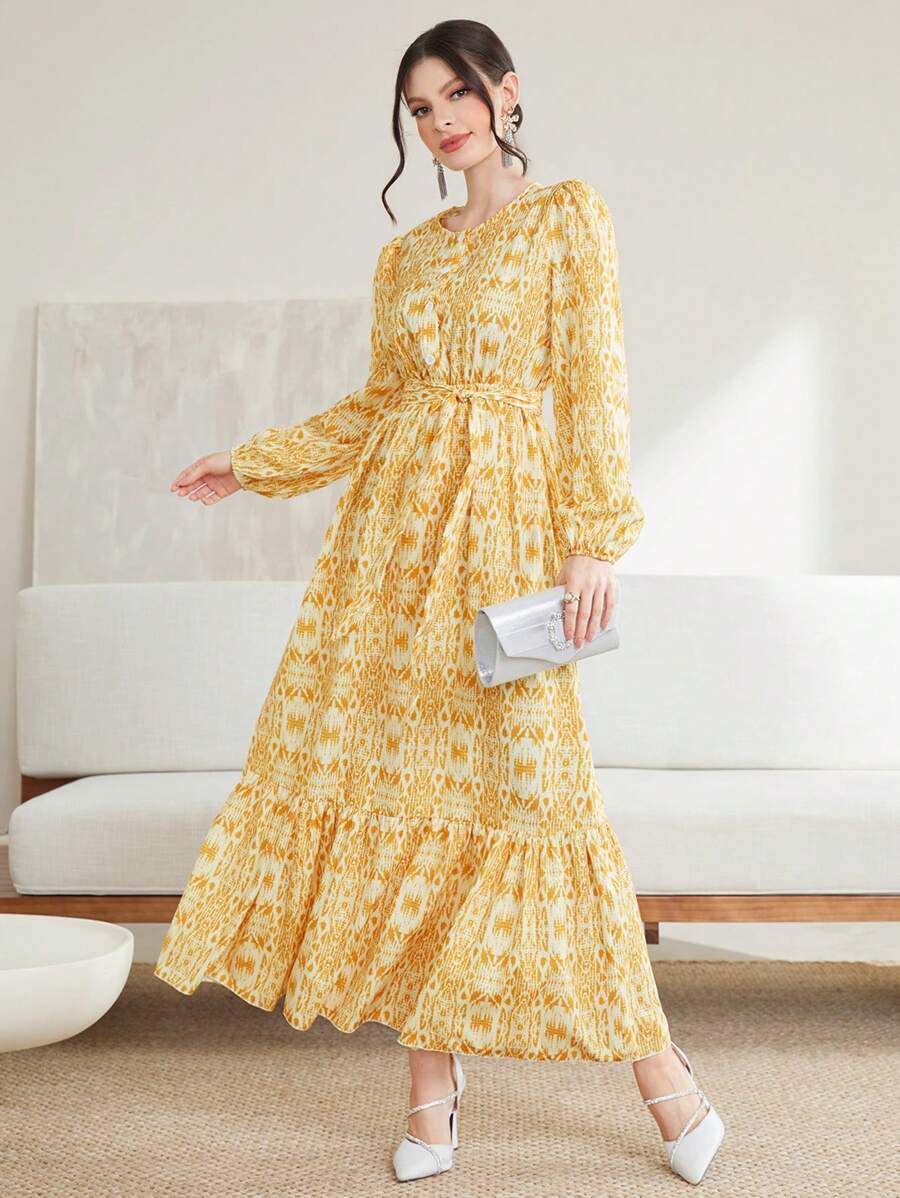 Modelyn Allover Print Ruffle Hem Belted Dress - Yellow - View 1