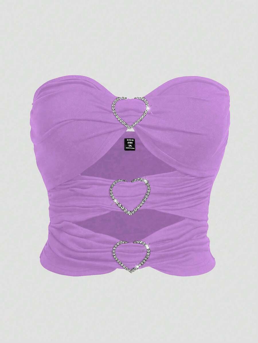 Flirla 大尺碼女式鏤空水鑽搭扣抹胸上衣 - 紫色 - 查看 1