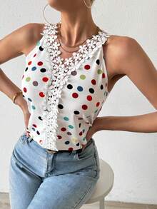 SHEIN Essnce 波點印花蕾絲拼接無袖襯衫 - 白色 - 查看 6