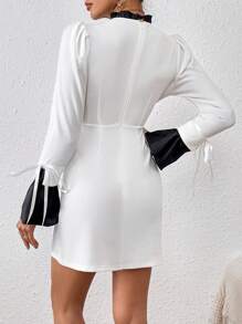 SHEIN Privé 女式色塊荷葉邊袖連衣裙 - 白色 - 查看 2