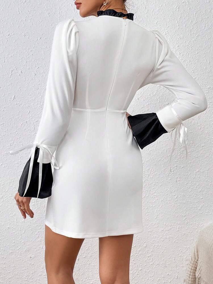 Women'S Color Block Ruffle Sleeve Dress
