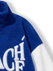 男款顏色拼接絨毛外套,繡有字母 - 藍色 - 查看 5