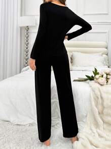 女士字母印花长袖上衣和长裤睡衣套装，秋冬服装 - 黑色 - 查看 2