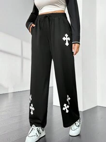 SHEIN EZwear 大號十字印花抽繩腰部斜口袋運動褲 - 黑色 - 查看 5