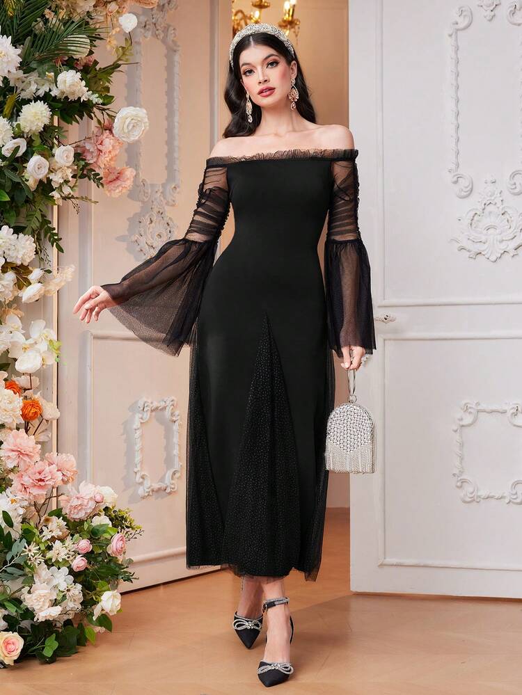 Off-Shoulder Mesh Trumpet Sleeve Dress Long Evening Dresses