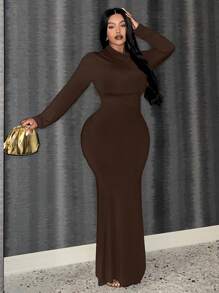 Slaydiva 大尺碼純色人魚修身連身洋裝 - 咖啡棕 - 查看 4