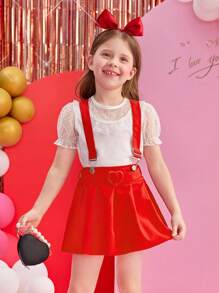 SHEIN Toddler Girls' Monochromatic Mesh Shirt With Suspender Skirt Spring/Summer 2pcs Outfits - Multicolor - View 1